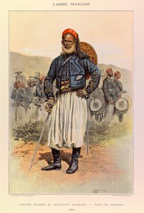 Typer och uniformer av kapten Jules Richards franska armé, illustrerad av Edouard Detaille (1848-1912): infödd officer av algeriska tuniorer i fältklänning 1886, privat samling av Jean-Baptiste Edouard Detaille