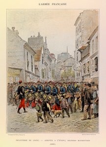 Typer och uniformer för kapten Jules Richards franska armé, illustrerad av Edouard Detaille (1848-1912): Linjeinfanteri: Ankomst till scenen under de stora manövrarna 1885, Privat samling av Jean-Baptiste Edouard Detaille