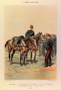 Typer och uniformer i den franska armén av kapten Jules Richard, illustrerad av Edouard Detaille (1848-1912): Artilleri: Underofficerare i batterier till häst och skyttar i batterier till fots i stor klädsel 1886, privat samling. av Jean-Baptiste Edouard Detaille