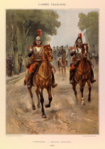 Typer och uniformer i den franska armén av kapten Jules Richard, illustrerad av Edouard Detaille (1848-1912): Cuirassiers: Eskortpluton 1885, privat samling. av Jean Baptiste Edouard Detaille