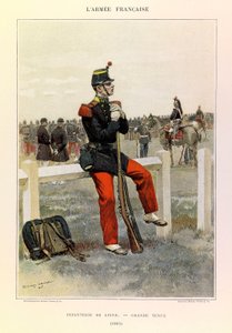 Typer och uniformer i den franska armén av kapten Jules Richard, illustrerad av Edouard Detaille (1848-1912): Infantry de line en grande-stil 1885, Collection Partial av Jean-Baptiste Edouard Detaille