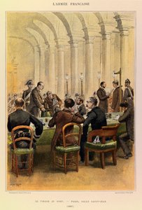 Typer och uniformer för kapten Jules Richards franska armé, illustrerad av Edouard Detaille (1848-1912): Dragningen i Paris, Salle Saint Jean 1887, privat samling av Jean-Baptiste Edouard Detaille
