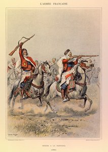Typer och uniformer av kapten Jules Richards franska armé, illustrerad av Edouard Detaille (1848-1912): Spahis a la Fantasia 1886, privat samling av Jean Baptiste Edouard Detaille