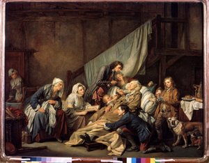 ""The Filial Piety or the Paralytic Rescued by His Children"" (Filial Piety (The Paralytic)) Målning av Jean Baptiste Greuze (1725-1805) 1763 Mått 115x146 cm Eremitagemuseet, Sankt Petersburg av Jean Baptiste Greuze