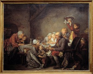 The Kings cake En familj som delar tårtan på trettondagsfesten. Målning av Jean Baptiste Greuze (1725-1805) 1774 Sön. 0,72x0,91 m Montpellier musee Fabre av Jean Baptiste Greuze