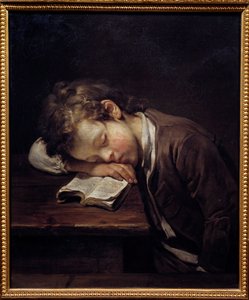 Den lata lilla. Porträtt av en ung pojke som dödade på sin bok. Målning av Jean Baptiste Greuze (1725-1805)