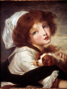 Ung flicka med liten hund Målning av Jean Baptiste Greuze (1725-1805) 1700-talets Paris, Musee Cognacq Jay.