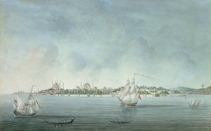 Utsikt över Sultan Ahmet och Santa Sophia från Uskudar, i Konstantinopel