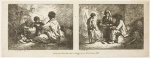Barn med hund och får och bondefamilj vid en eld av Jean Baptiste Huet
