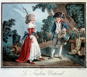 Franska revolutionen: "" Le tambour national"" Två små barn utklädd till revolutionärer. Litografi av Jean Baptiste Huet (1745-1811) 1700-talets Paris, dekorativ konst av Jean Baptiste Huet