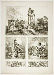 Tallrik sexton av 38 från Oeuvres de J. B. Huet av Jean Baptiste Huet