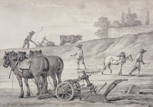 Plowing the Fields (penna och bläck och tvätt på papper) av Jean Baptiste Huet