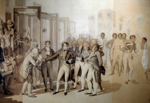 Napoleon Bonaparte (1769-1821), förste konsul, i närvaro av Josephine de Beauharnais, besöker de sju brödernas sammetsfabrik i Rouen, november 1802 och ritar i tvätten av Jean Baptiste Isabey (1767-1855) 1804 Sön. 1,24x1,76 m Versailles, mu av Jean Baptiste Isabey