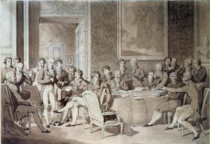 Wienkongressen (1814-1815) efter Parisfördraget 1814. Den återförenade de åtta världsmakterna och försökte omdefiniera gränserna efter Napoleon I:s fall. Alexander I, Rysslands tsar; H.R. Stewart, Castlereagh; Francois Joseph I,