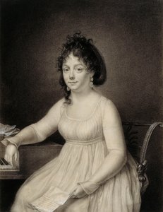 En sittande dam, tre fjärdedels lång, förmodligen en medlem av konstnärens familj som håller ett brev i sin vänstra hand och vilar sin högra arm på sidan av ett piano, 1820