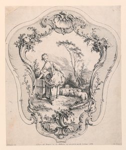 Rocaillepanel, med scen av en herdinna