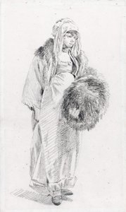 Rysk kvinna med en pälsmuff par Le Prince, Jean-Baptiste (1734-1781), Mellan 1758 och 1761 - Svart krita på papper, 22,9x13,8 - Privat samling