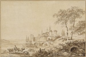 Herdar i ett landskap före en befäst stad av Jean Baptiste Le Prince