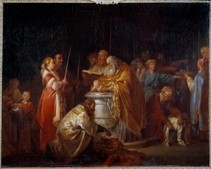 Ryskt dop En ortodox påve döper ett barn inför sina föräldrar. Målning av Jean Baptiste Leprince (1733-1781) 1765 sön. 0,73x0,92 m