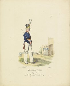 Adjutant vid schweiziska regementet, 1820-1825 Nederlandsche Armée Adjutant av Regiment Swiss No. 29 (titel på objekt) Militära dräkter av kungariket Nederländerna. Tillägnad Hans Excellence Willem van Bylandt (serietitel på objekt