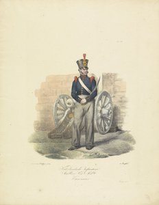 Gunner, 1820-1825 Nederlandsche Infanterie Artillerie Nat.le Mil.tie Kanonnier (titel på objekt) Militära dräkter av kungariket Nederländerna. Tillägnad Hans Excellence Willem van Bylandt (serietitel på objekt)