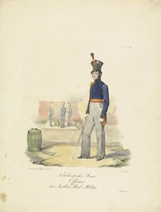 Artilleriofficer, 1820-1825 Holländska Armée Officier der Artillerie Nat.le Militie (titel på objekt) Militära dräkter av kungariket Nederländerna. Tillägnad Hans Excellence Willem van Bylandt (serietitel på objekt)