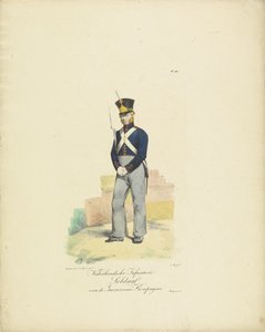 Soldatgarnisonskompani, 1820-1825 Holländsk infanterisoldat från Garnisonskompaniet (titel på objekt) Militära dräkter av kungariket Nederländerna. Tillägnad Hans Excellence Willem van Bylandt (serietitel på objekt)