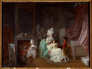 Familjefrisyr i avskildhet i ett sovrum, mamman värmer sin dotter som läser. En annan leker med hunden. Målning av Jean Baptiste Mallet (1759-1835) 1700-talets Paris, dekorativ konst