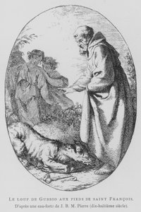 Vargen från Gubbio vid foten av den helige Franciskus av Assisi (litho) av Jean Baptiste Marie (after) Pierre