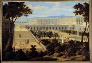 Utsikt över Orangeriet, trappan till Cent-Marches och slottet i Versailles ca 1695 Målning tillskriven Jean-Baptiste Martin (den äldre) (1659-1735) 1695 Sön. 1,15x1,65 m