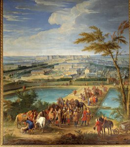 Utsikt över staden och slottet i Versailles från berget montbauron, Ludvig XIV (1638-1715) och Francois Michel le Tellier, Marquis de Louvois besöker de nya reservoarerna Målning av Jean-Baptiste Martin (den äldre) (1659-1735) ) 1600-talet sön. 2, av Jean Baptiste Martin