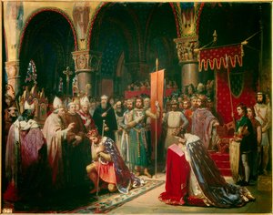 Kung Ludvig VII (1120-1180) tar oriflamen vid basilikan Saint Denis (Saint Denis) i närvaro av drottning Alienor av Aquitaine och tar emot humlan och pannetieren av pelerin från händerna på påven Eugene III (? -1153) före hans avgång av Jean Baptiste Mauzaisse