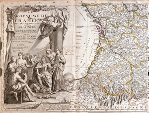Karta över Guyenne och Gascogne, med ett porträtt av Ludvig XIV (1638-1715) omgiven av allegoriska karaktärer av Jean Baptiste Nolin
