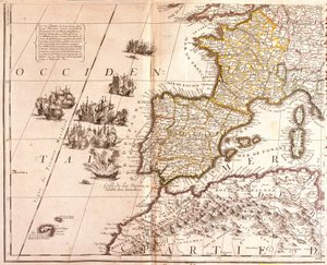Karta över de västra Medelhavsländerna: Frankrike, Spanien, Portugal och Nordafrika (Marocko, Algeriet, Tunisien), med Balearerna, Korsika och Sardinien (etsning).