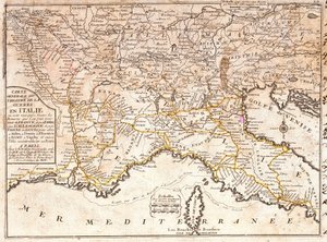 Karta över vägarna som leder till de största italienska städerna från hela Europa (gravyr av Jean Baptiste Nolin