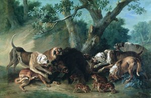 En vild sugga och hennes unga attackerade av hundar av Jean Baptiste Oudry