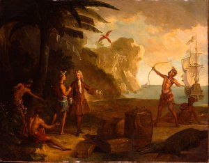 Amerika - En europeisk köpman som förhandlar med indianer om en tunna tobak och andra varor, 1724 av Jean Baptiste Oudry