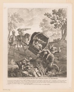 Bärvagn med hästar faller i vattnet La Rancune en stretcher abbatu dans le bourbier (titel på objekt) Scener från Scarrons Roman Comique (serietitel) av Jean Baptiste Oudry