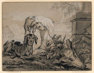 Teckning, Efter jakten: Två hundar bredvid ett vildsvinshuvud, 1740 av Jean Baptiste Oudry