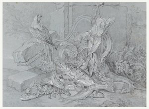 Teckning, Stilleben med fisk och papegoja, 1740 av Jean Baptiste Oudry