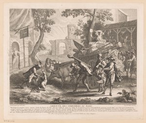 Company anländer till ett värdshus Arrivée des comediens au Mans (titel på objekt) Scener från Scarrons Roman Comique (serietitel) av Jean Baptiste Oudry