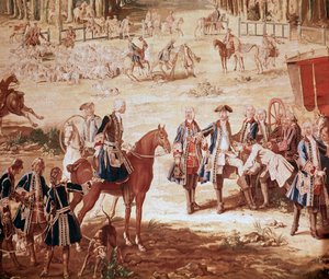 Jakten på Ludvig XV Kung Ludvig XV jagar i skogen i Compiegne (Jakten på Ludvig XV - Gobeläng) början på paketet Detalj - Gobeläng av Jean Baptiste Oudry (1686-1755) av Jean Baptiste Oudry