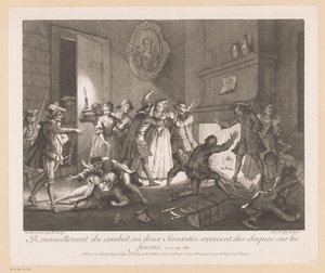Interiör med grupp vechtende människor Förnyelse av kampen där två tjänare får smällar på baken (titel på objekt) Scener från Roman Comique van Scarron (serietitel) av Jean Baptiste Oudry