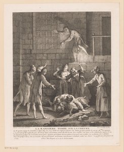 Man valt bovenop en geit La Rapinière faller på geten (titel på objektet) Scener från Roman Comique van Scarron (serietitel) av Jean Baptiste Oudry