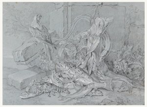 Stilleben med fisk och papegoja av Jean Baptiste Oudry