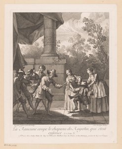 Wrok knipt av hoed van Ragotin La Rancune skär av Ragotins hatt (titel på objekt) Scener från Roman Comique van Scarron (serietitel) av Jean Baptiste Oudry