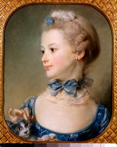 Porträtt av en liten flicka med en katt - Den unga damen har ett band och en lätt slöja runt halsen med en knut och smeker huvudet på en katt med fingertopparna - Pastellmålning av Jean-Baptiste Perroneau (Jean Baptiste Perronneau) (1715) -1783) 1700-talet