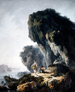 Ett kustlandskap med figurer på en sten (olja på duk) av Jean Baptiste Pillement