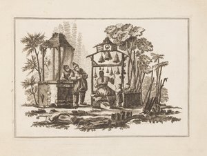 Figurspelande klockor, från "Ny anteckningsbok med sex ark med olika historiska kinesiska ämnen" av Jean Baptiste Pillement