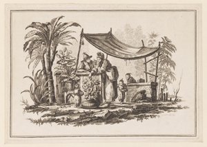 Figurer med en vas med blommor, från "Ny anteckningsbok med sex ark av olika historiska kinesiska ämnen" av Jean Baptiste Pillement
